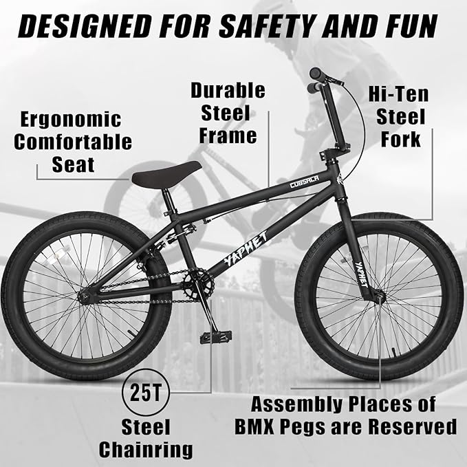 Freestyle BMX Bike, 20 Inch Yaphet Bicycle for Teen Beginner and Adult Riders, Bike with Hi-Ten Steel Frame, Multiple Colors-StrideForce Fitness