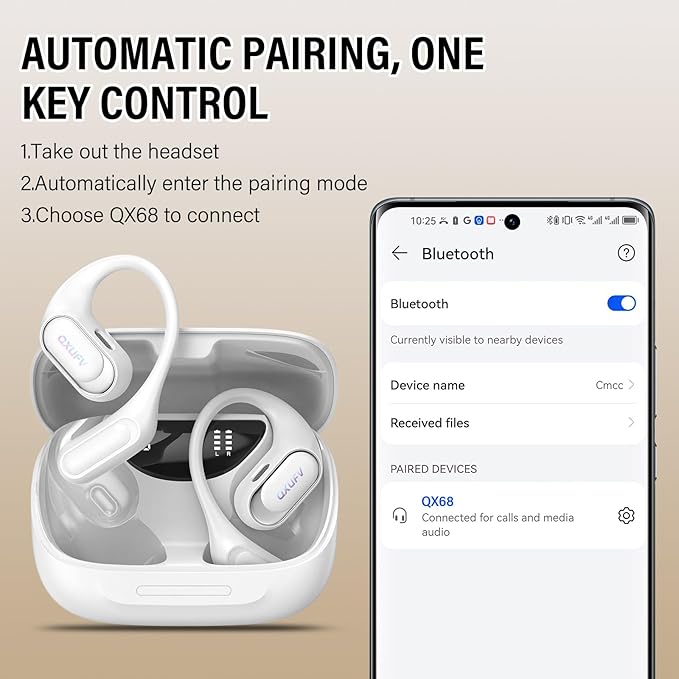 Open Ear Headphones, Bluetooth 5.4 Headphones Sports, Premium Sound with HD Mic Wireless Earbuds, 48H Playtime LED Power Display Ear Buds, IPX7 Lightweight Comfort Earphones for Running, White-StrideForce Fitness