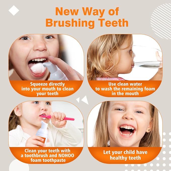 NOHOO Fluoride Free Foam Toothpaste Kids Orange Flavour,Natural Training Toothpaste for Baby Toddler Children Oral Cleaning and Cavity Protection(2 Pack)