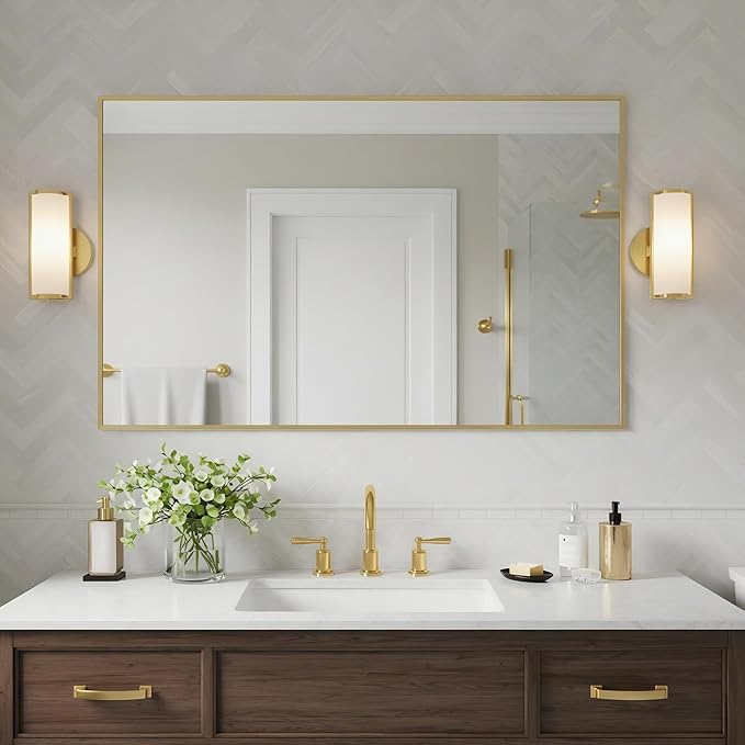 20x40 Inch Brass Bathroom Mirror for Wall, Aluminum Frame Rectangle Rectangular Vanity Mirror, Modern Large for Bedroom, Living Room, Horizontal or Vertical-StrideForce Fitness