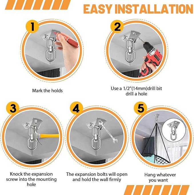 Hammock Hanging Kit 2 Pack, Porch Swing Hanging Kit 1200 Lb Capacity, Hammock Ceiling Hooks Heavy Duty 360° Stainless Steel Rotating Hanging Swing Chair for Hammock Chair Stand, Porch, Yoga, Gym-StrideForce Fitness