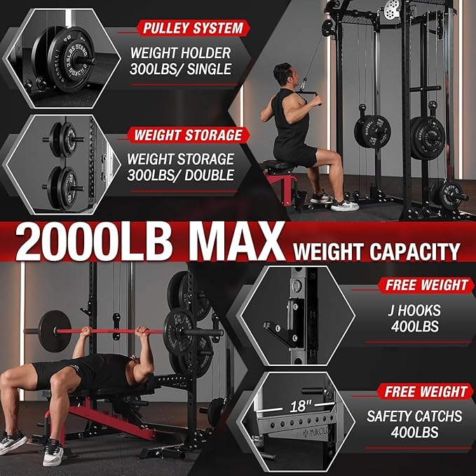 Mikolo Power Cage, 2000LB Power Rack with Independent Dual Pulley System, Multi-Function Home Gym Workout Machine for Cable Crossover-StrideForce Fitness