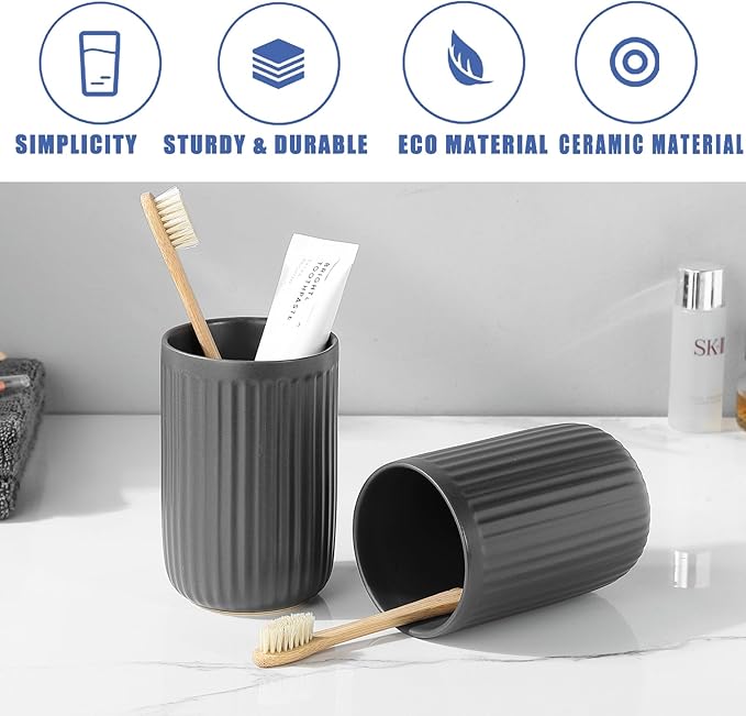 Matte Grey Toothbrush Holders for Bathrooms - Ceramic Toothbrush Toothpaste Holders Set, Bathroom Tumbler Cups Reusable Toothbrush Cup Grey Mouthwash Cup, Counter Organizer.