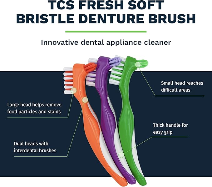 Soft Bristle Denture Brushes (Pack of 6) Dual Head Denture Brush for Dental Appliances - Dental Brush with Handle and Two Heads for Dentures, Retainers, Partial Dentures, Aligners, Mouthguards