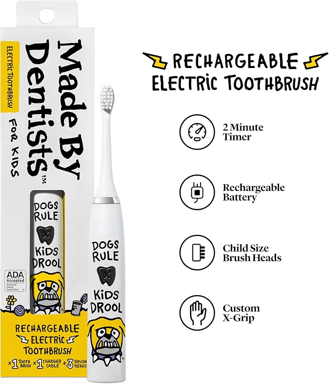 Made by Dentists Kids Electric Toothbrush - Rechargeable Vibrating Toothbrush with Timer Includes 6 Replacement Heads, Gently Cleans Teeth, Girls & Boys, Kids & Toddlers Age 2+ (Bulldog)