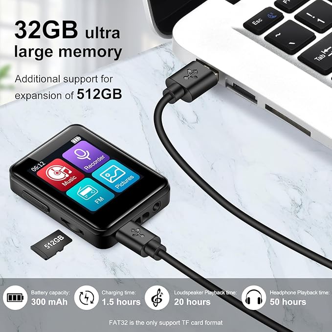 MP3 Music Player 32GB with Bluetooth, Portable Mini Music Player with 1.8 inch Screen, Speakers, FM Radio, Recorder, Up to 512GB, Black-StrideForce Fitness