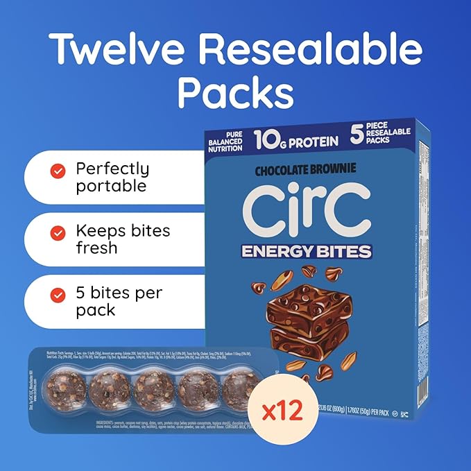 CirC Energy Bites - 12 Pack Chocolate Brownie Gluten Free Protein Balls - 10g Protein, Whole Grains, Nuts & Fruit - Portable Healthy Snacks for Adults & Kids, 5 Piece Resealable Packs-StrideForce Fitness