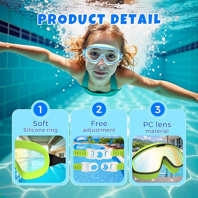 Swim Goggles for Kids 3-15 with Earplugs Large Frame Anti-Fog/UV Swimming Goggles for Boys Girls Toddler 2PCS-StrideForce Fitness