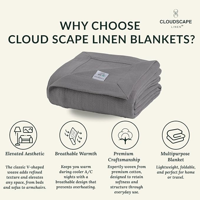 Cloud Scape Linen Herringbone Cotton Throw Blanket for Couch, Bed,Sofa, Home Decor, Soft, Lightweight, All-Season Bed Blanket, 50 x 70, Dark Grey-StrideForce Fitness