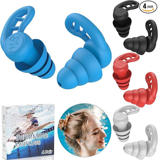 Swimming Ear Plugs for Adults, 4 Pairs Reusable Silicone Waterproof Colorful Swim Earplugs for Swimming Showering Snorkeling Surfing and Water Sports, Water Ear Plugs for Men and Women-StrideForce Fitness