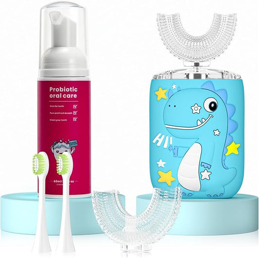 Kids Electric U Shaped Toothbrush,Kids Dinosaur Sonic Full Mouth Toothbrush with 4 Soft Brush Head Automatic 6 Cleaning Modes IPX7 Waterproof 360 Degree Cleaning - Age8-15 Blue