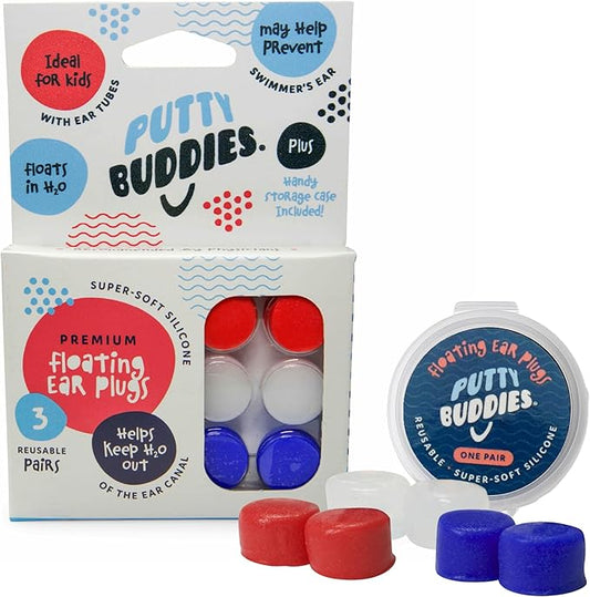 Earvolution Floating Putty Buddies Ear Plugs for Swimming - Invented by an Ear Physician - Moldable, Premium, Silicone - Floats on Water - Waterproof - Made in The USA - 3 Pack - Red/White/Blue-StrideForce Fitness