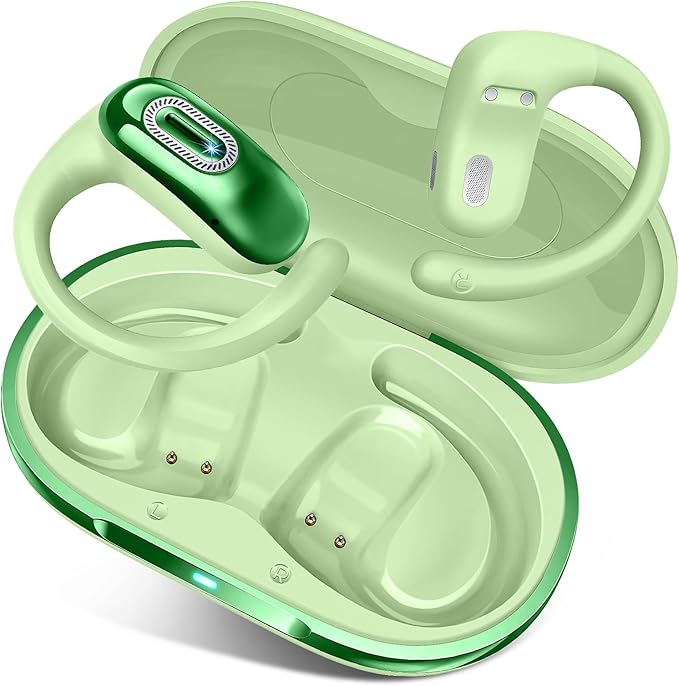 Open Ear Headphones, Bluetooth 5.4 Earbuds, 50H, Air Conduction Ear Buds, HD Stereo Bass Over Ear Earphones with Earhooks, Ultra-Comfort Secure Fit, IPX7 Waterproof Headset for Working Sports, Green-StrideForce Fitness