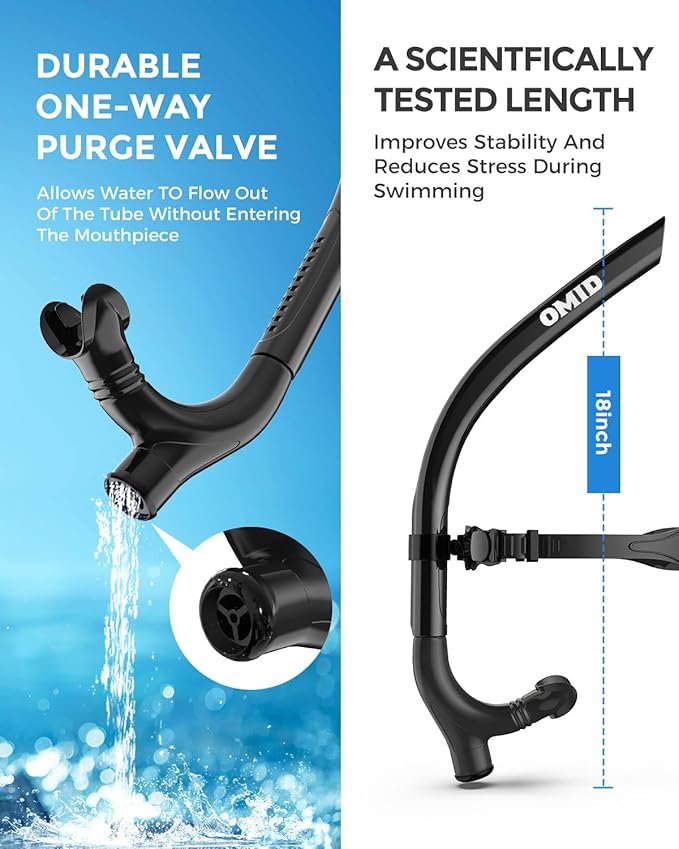 OMID SN1 Snorkel for Adult Youth, Diving Snorkel with One-Way Purge Valve, Food-Grade Silicone Mouthpiece-StrideForce Fitness