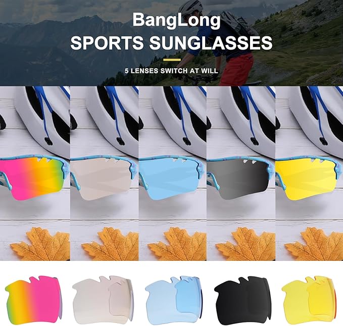 BangLong Polarized Sports Sunglasses Cycling Sun Glasses for Men Women with 5 Interchangeable Lenes for Running Baseball Golf-StrideForce Fitness