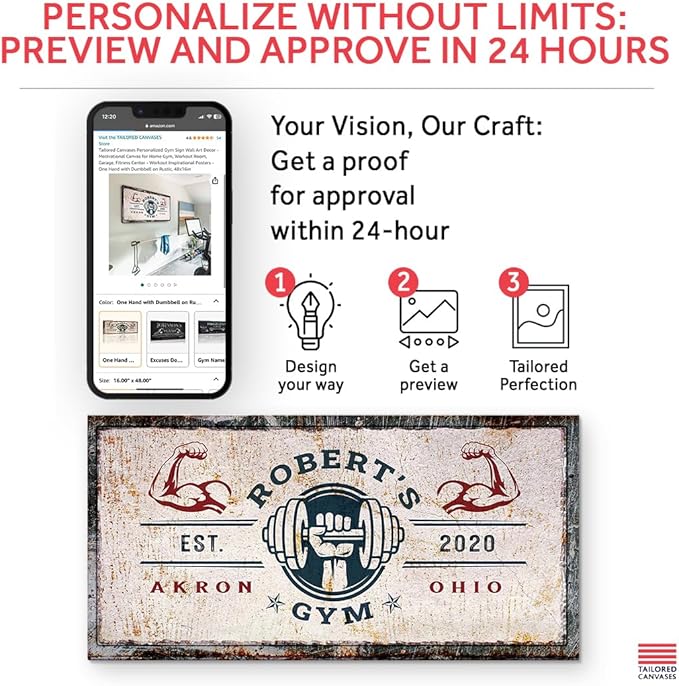 Tailored Canvases Personalized Gym Sign Wall Art Decor - Motivational Canvas for Home Gym, Workout Room, Garage, Fitness Center - Workout Inspirational Posters - One Hand with Dumbbell on Rustic, 48x24in-StrideForce Fitness