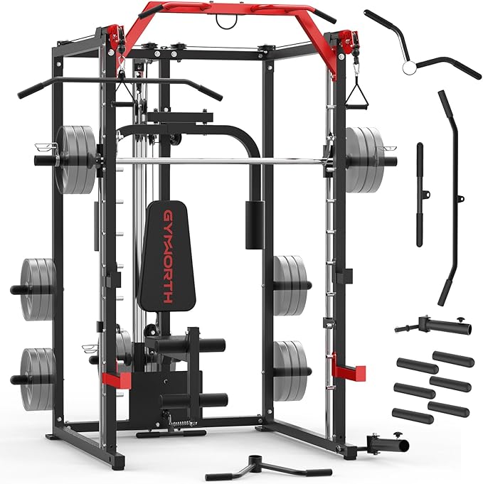 Smith Machine, Power Rack with LAT Pulldown System, Power Cage with Cable System, Squat Rack for Home Gym with Chest Press Machine, Spotter Arms, Leg Curl Attachment and More-StrideForce Fitness