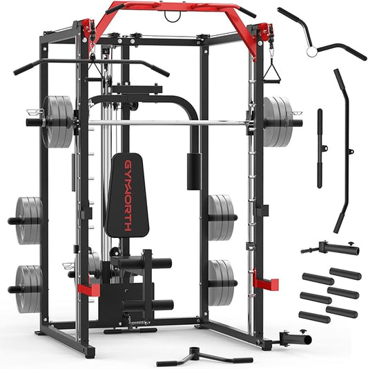 Smith Machine, Power Rack with LAT Pulldown System, Power Cage with Cable System, Squat Rack for Home Gym with Chest Press Machine, Spotter Arms, Leg Curl Attachment and More-StrideForce Fitness