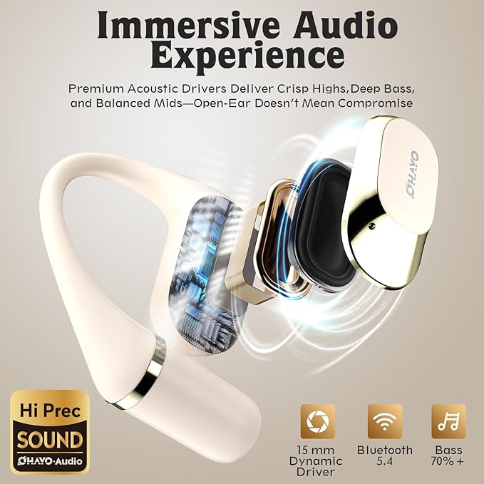 OHAYO Open Ear Headphones,Earbuds with Ergonomic Earhook,Bluetooth Headphones 5.4 with Smart Digital Display,40H Playtime,IPX6 Waterproof,Touch Control Earphones Fit Cycling,Running,Workout(Beige)-StrideForce Fitness