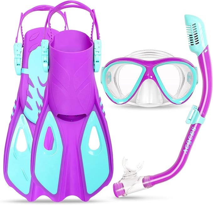 Kids Mask Fins Snorkel Set, Dry Top Snorkeling Gear for Kids Youth Boys Girls Junior Age 5-15 Tempered Glass Snorkel Mask Set Panoramic View Snorkeling Packages-StrideForce Fitness