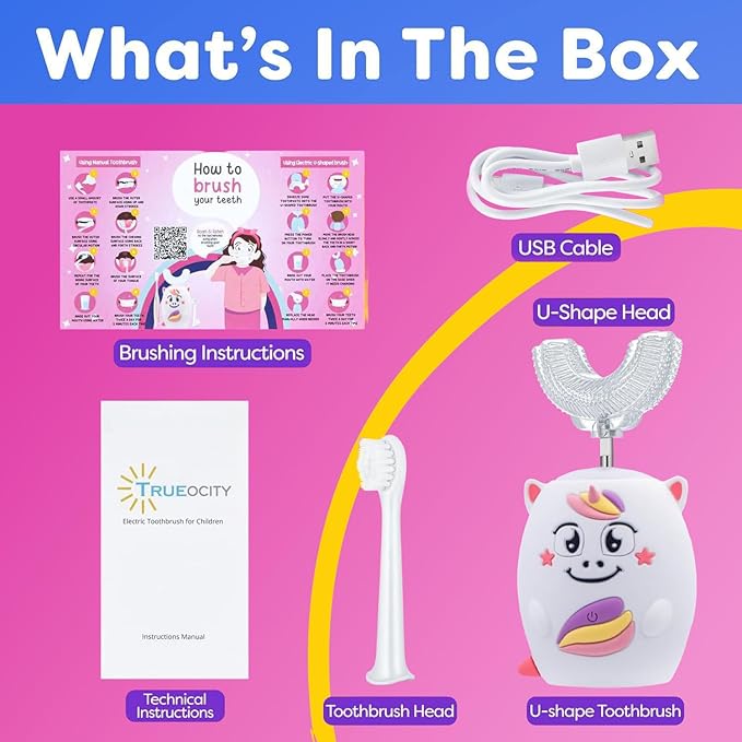 Trueocity Kids U Shape Toothbrush Auto Electric Toddler Rechargeable Kids Automatic Toothbrush | 360° U-Shaped Silicone Brush Head | Gentle Cleaning for Ages 2–7 | Unicorn Design (Pink)