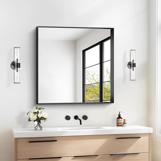 Black Bathroom Mirror, 30x30 Inch Rectangular Framed Mirror, Large Wall Mounted Bathroom Vanity Mirror Over Sink for Bedroom,Restroom, Living Room, Hangs Vertically or Horizontally-StrideForce Fitness