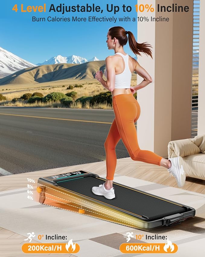 Treadmill Walking Pad with 10% Incline/Handle Bar/2 LED Display, 3.5HP Portable Treadmills for Home Small, Foldable Walking Pad Treadmill 350+lb Capacity, Smart App, 4 Adjustable Incline, RGB Light-StrideForce Fitness