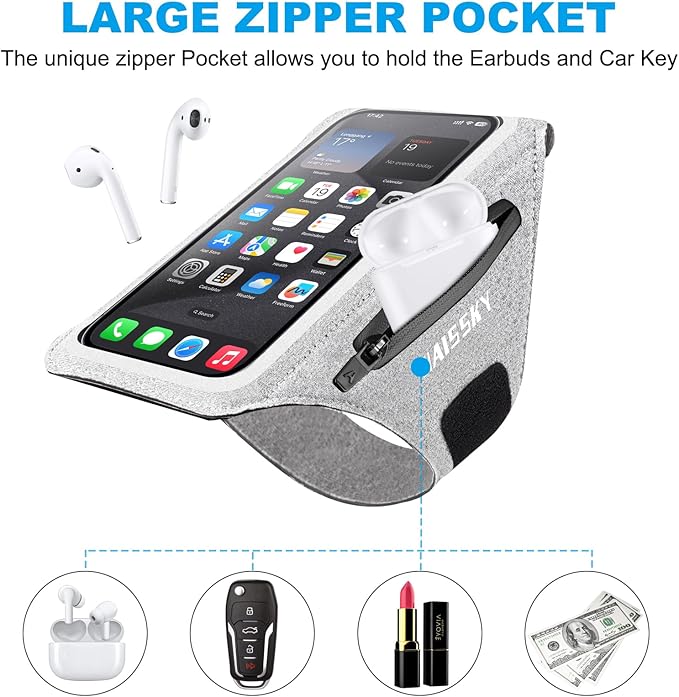 Cell Phone Running Armband with Earbuds Zipper Pocket Armband Case Running Holder For iPhone 16 Pro Max/15/14 Pro Max/13/12 /11 Pro Max/XS/XR ,Galaxy S20 S10,Sweatproof Arm Band with Card/Key Bag-StrideForce Fitness