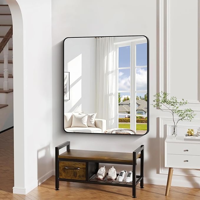 40" x 36"Bathroom Mirror, Matte Black Wall Mirror with Metal Frame, Decorative Rectangular Vanity Mirror for Bedroom Bathroom Living Room Entryway (Horizontal/Vertical)-StrideForce Fitness