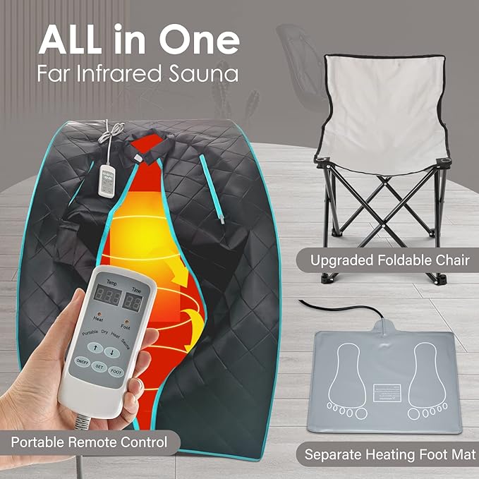 Smartmak Far Infrared Sauna, Full Body One Person Portable SPA Set with Time & Tempreture Remote Control, Heating Foot Pad and Foldable Reinforced Chair (L 27.6’’ x W 31.5’’ x H 37.8’’) - Black-StrideForce Fitness