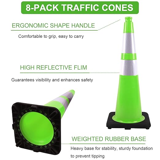 OrangeStar 8 Pack 28" Traffic Safety Cones, Green Cones Construction Cones w/Reflective Collar, Heavy Duty Base for Driving Practice, Parking Lots and Roadwork-StrideForce Fitness