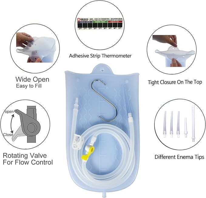 Silicone Enema Bag Kit with 6.3ft Hose, 5 Enema Tips, Controllable Flow Valve and Water Thermometer - 2 Quart Capacity Coffee enemas for Colon Cleanse-StrideForce Fitness