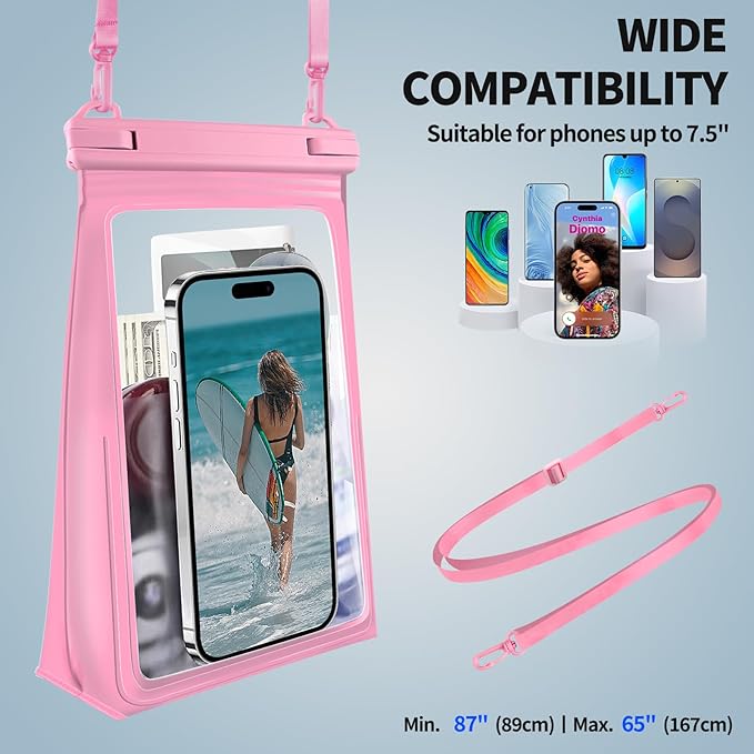 Large Waterproof Phone Pouch [with Sealing Strip], Cell Phone Dry Bag for iPhone 16 15 14 13 Pro Max Galaxy S25 S24 S23 All Devices, Floating Water Proof Bag for Beach Water Park Pink-StrideForce Fitness