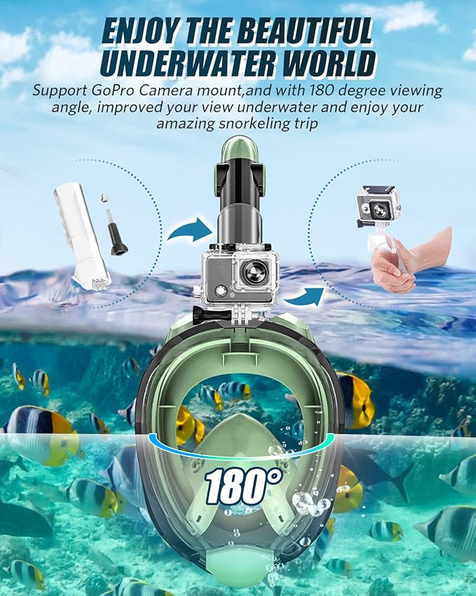 QingSong Full Face Snorkel Mask for Adults, Snorkeling Gear with Camera Mount, 180 Degree Panoramic View Snorkel Set Anti-Fog Anti-Leak-StrideForce Fitness