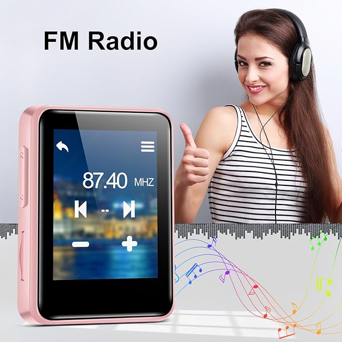 MP3 Player with Bluetooth, 1.8 inch Screen Portable Music Player with Speaker, FM Radio, Recorder, Expansion to 512GB, Pink with 32GB Micro SD Card-StrideForce Fitness
