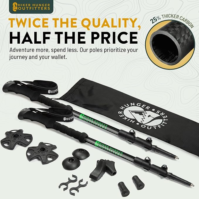 100% Carbon Fiber Trekking Poles by USA Brand - Ultra Strong Lightweight Collapsible Hiking Poles with Cork and EVA Foam Grips & Quick Adjustable Flip Locks-StrideForce Fitness