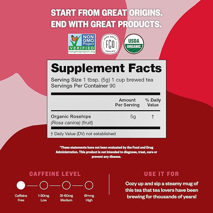 FGO Organic Rosehips Tea, Cut and Sifted, 16 Ounce Resealable Bag, Packaging May Vary (Pack of 1)-StrideForce Fitness