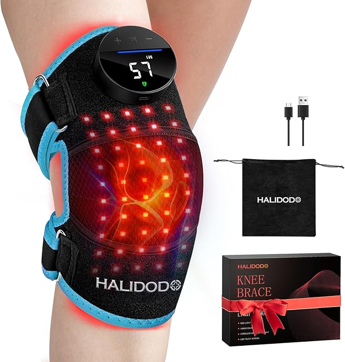 HALIDODO Red Light Therapy & Vibration Massage Knee Brace - Wireless Rechargeable Controller, 660nm&850nm Red Light Therapy Heated Device for Knee/Joint/Elbow/Shoulder Pain Relief, Blue.-StrideForce Fitness