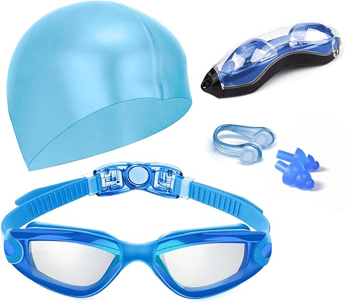 Swim Goggles Swimming Goggles No Leaking with Nose Clip, Earplugs, Swim Cap and Case for Men Women-StrideForce Fitness
