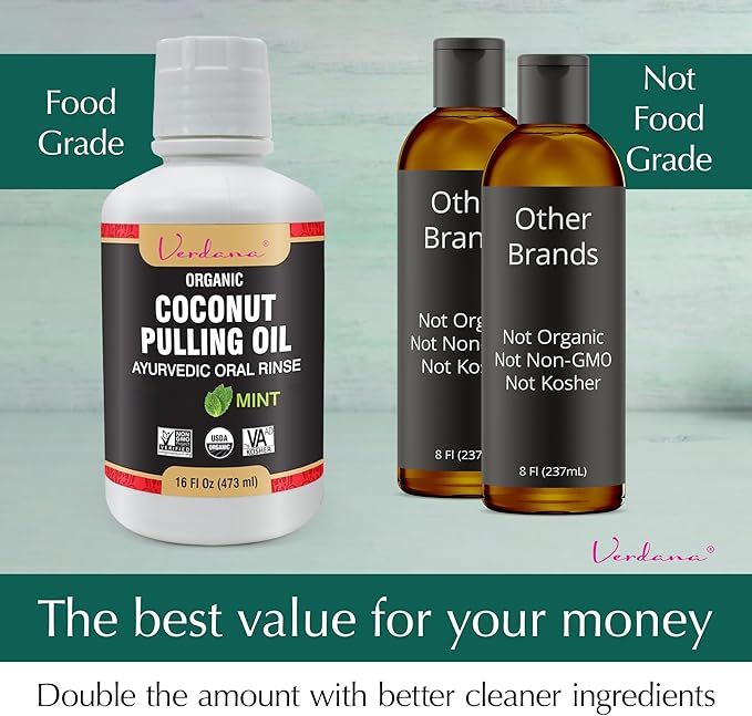Verdana Organic Oil Pulling Mouthwash – 16 oz Mint – USDA Organic Coconut Oil Rinse for Teeth & Gums – Alcohol-Free, Fluoride-Free Natural Mouthwash for Fresh Breath & Gum Health