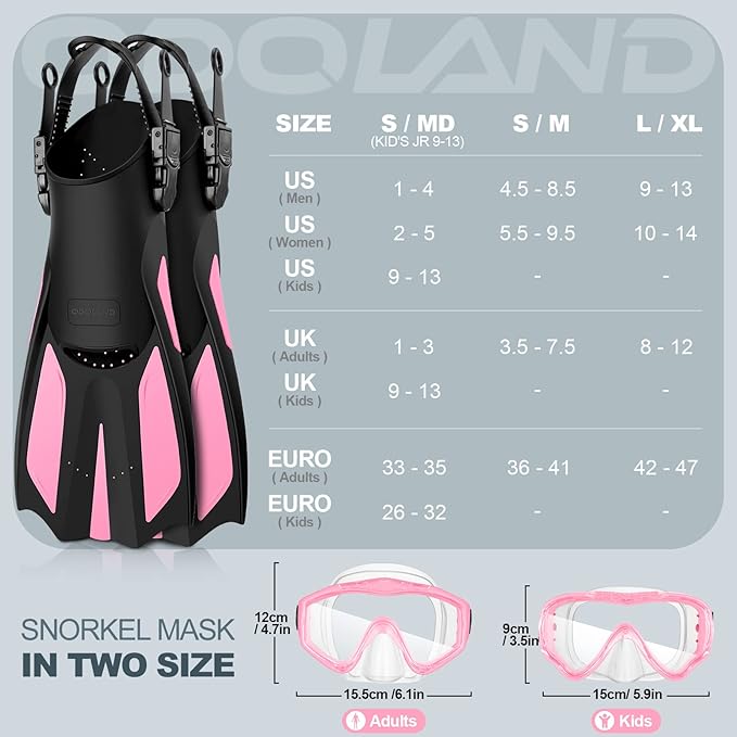 Odoland Kids Snorkeling Packages Snorkel Set, Dry Top Snorkel Mask with Adjustable Swim Fins for Boys and Girls Age 7-14-StrideForce Fitness