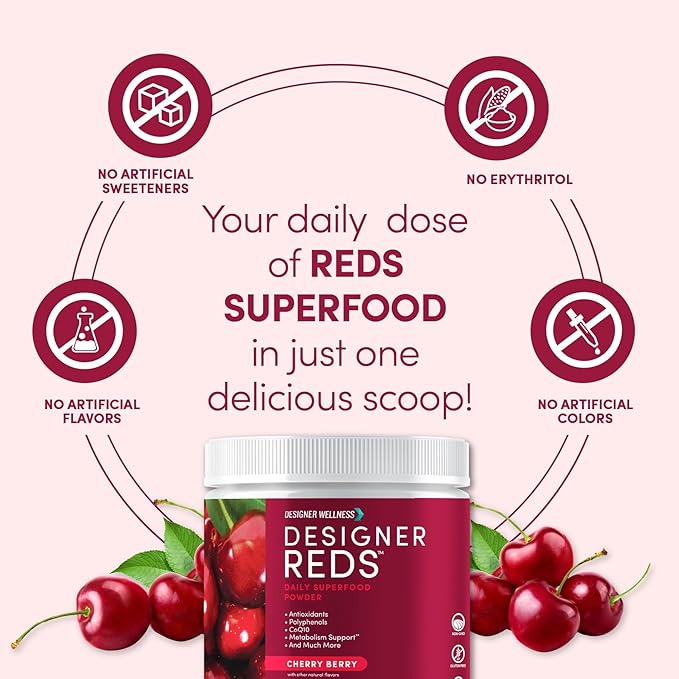 Designer Wellness, Designer Reds, Daily Superfood Powder with Beet Root, Support for Energy, Stress, Immune Health, Heart Health, and Digestive Health, Cherry Berry, 30 Servings-StrideForce Fitness