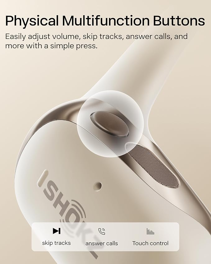SHOKZ New OpenFit 2 Open-Ear Headphones, True Wireless Bluetooth Earphones with Microphone, Earhook Earbuds with 48 Hours of Playtime, Fast Charging, IP55 Water-Resistant, with Carrying Bag, Beige-StrideForce Fitness