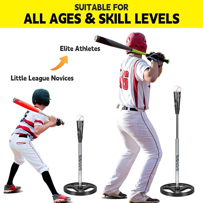 Portable Batting Tee for Baseball/Softball - Adjustable Height 24" to 46", 25" to 37", Baseball Practice Training Hand-Rolled Flexible Rubber Top & Heavy Duty Base for T-Ball, Youth & Adults-StrideForce Fitness