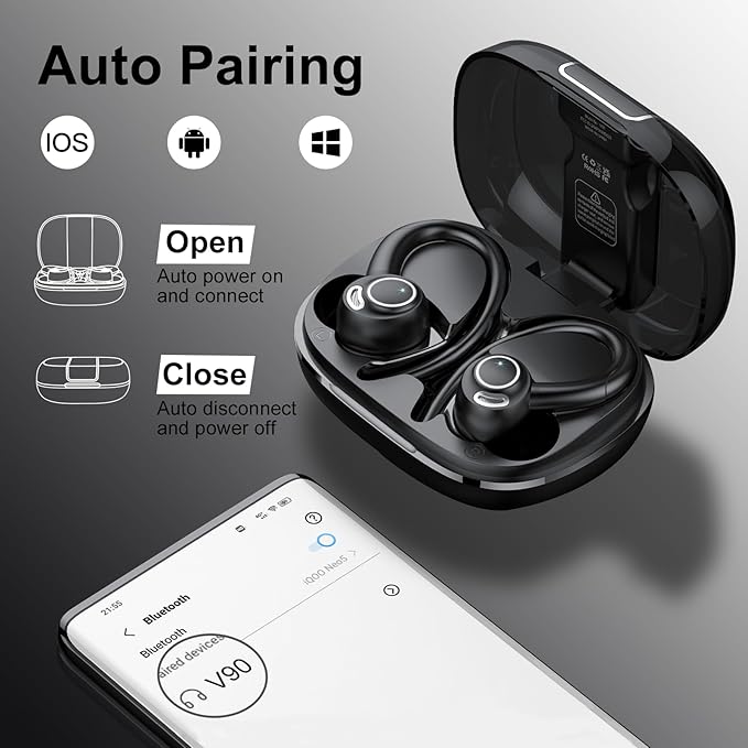 Wireless Earbuds Bluetooth 5.3 Headphones Sports, 48Hrs Playtime Bluetooth Earbuds with CVC 8.0 Mic, Stereo Bass Over Ear Bud with Earhooks, LED Display, IP7 Waterproof Earphon for Workout/Running-StrideForce Fitness
