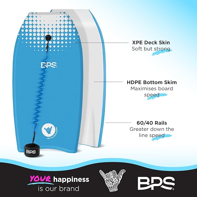 BPS New Zealand ‘Shaka’ Body Board for All Wave Conditions - Lightweight with EPS Core, HDPE Slick Bottom, Body Boards for Beach with Wrist Leash and Plug for Kids and Adults - All Skill Levels-StrideForce Fitness