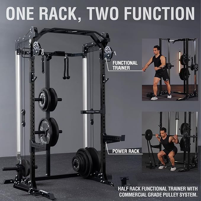 Mikolo Power Cage, 2000LB Power Rack with Independent Dual Pulley System, Multi-Function Home Gym Workout Machine for Cable Crossover-StrideForce Fitness