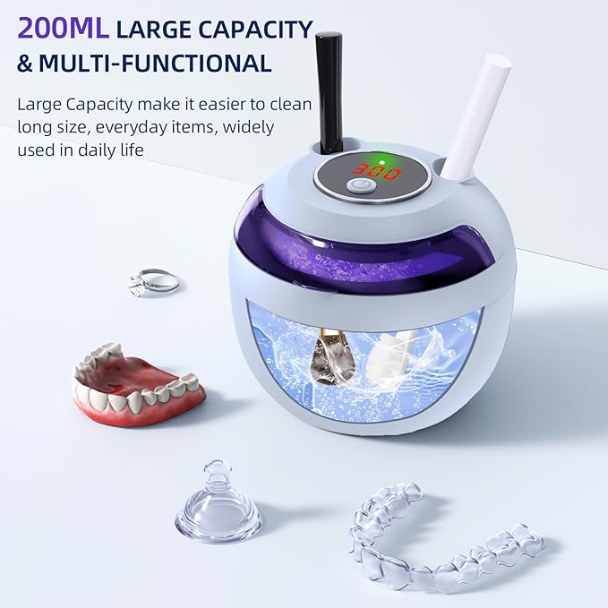 Ultrasonic Retainer Cleaner, Retainer Cleaner Machine for Dentures, Mouth Guards, Braces, Toothbrush Heads, Jewelry with 200ML Capacity, 45kHz Retainer Cleaning, 4 Modes for Appliances, Blue