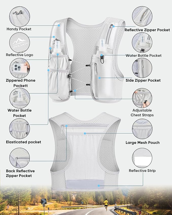 Running Vest for Women Men, USA Original Patent, Adjustable Chest Straps Running Hydration Vest with 500ml Soft Flask, Lightweight Reflective Hydration Backpack for Hiking Marathon-StrideForce Fitness