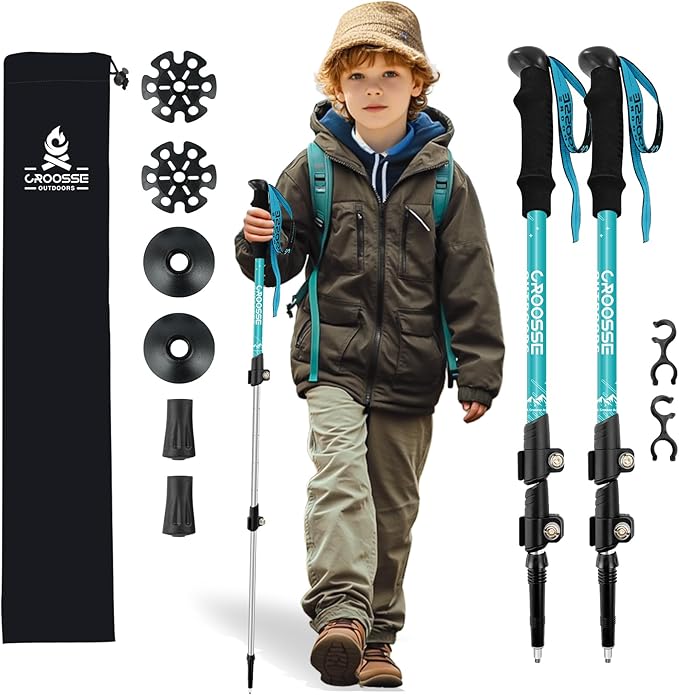 Lightweight Collapsible Kids Hiking Poles - Retractable Kids Hiking Stick, Telescoping Aluminum Trekking Poles 2 Pack, Adjustable Kids Ski Poles by Croosse-StrideForce Fitness